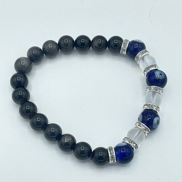 Crystal beaded stretch bracelet ONE NEW evil eye silver obsidian reiki meditatio - Picture 2 of 9